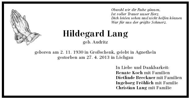 Audritz Hildegard 1930-2013 Todesanzeige